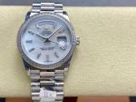 8+ Factory ROLEX Day-Date Replica with Diamond Bezel 36mm Baguette Markers White MOP Dial Watch